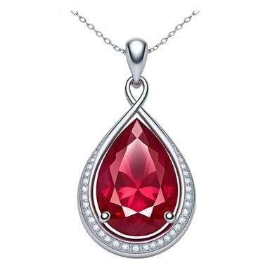 teardrop ruby pendant with silver chain, glowing cosmic embryo inside, swirling stardust and fiery trails, radiating ethereal magic sticker