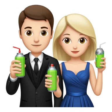 husband and wife at wedding holding energy drinks sticker