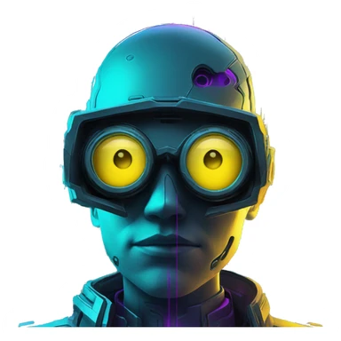 Secret human yellow emoji face agent with  cyberpunk elements with a spyglass scanning looking reviewing multicolor lines of code, cyan and purple colors, only upper body portrait sticker