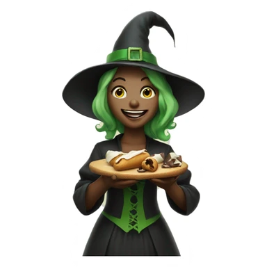Green happy witch with a cannoli in hand  sticker