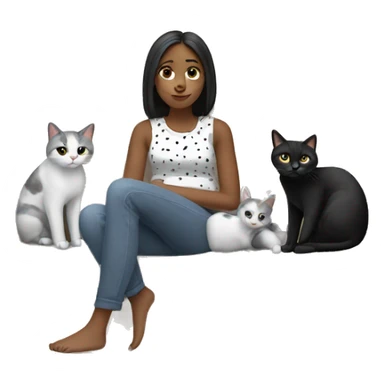 A girl chilling in the sofa with two cats one black and the other white with gray spots sticker