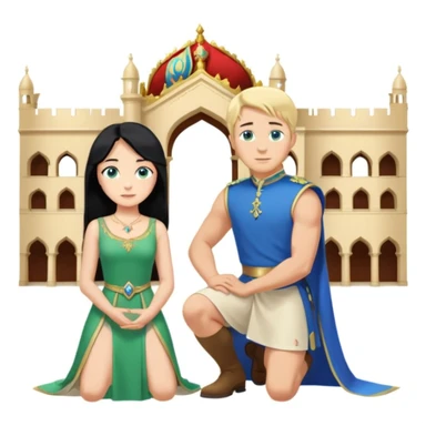Man as king, black Hair, blue eyes, woman, blonde, green eyes, shott white sleveless Dress, kneeling, background palace sticker