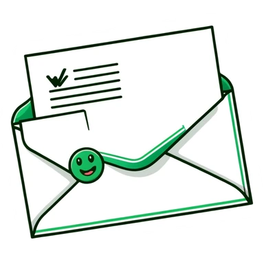 Minimalist Maya-inspired emoji showing happy face receiving a letter, white and deep green only, flat design, clean lines sticker