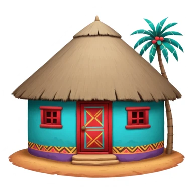 African mud hut tribal house, round adobe clay hut, thatched roof, bright colorful paint, walls in turquoise, red, yellow, purple, tribal patterns, cute mobile game icon, 3D cartoon, soft shadows, clean background, no text, no watermark sticker