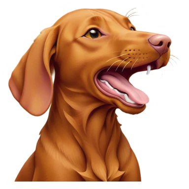 Cinematic Cute Yawning Vizsla Portrait Emoji, Head tilted slightly with a dramatic, wide-open yawn, showcasing a smooth rust and gold Fur with a subtle shimmer, floppy ears slightly drooping, round amber eyes barely open in drowsy contentment, Simplified yet irresistibly adorable features, highly detailed, glowing with a soft, cozy glow, high shine, relaxed yet expressive, stylized with a touch of whimsy, bright and endearing, soft glowing outline, capturing the essence of a sleepy yet affectionate companion, so drowsy it feels like it could stretch out of the screen and curl up for a nap! sticker