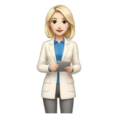 pale skin woman interior designer with cold blonde middle length hair, blue eyes, beige blouse, White oversize jacket, Gray skirt holding a color palette in the hands sticker