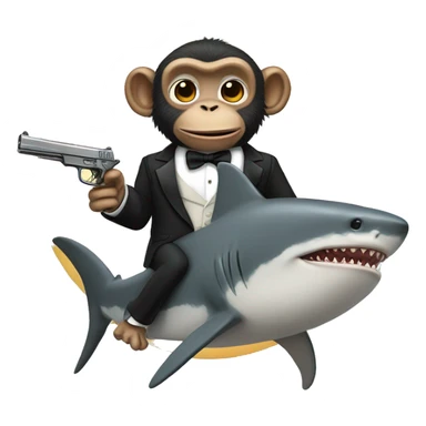 monkey riding a shark holding a gun wearing a tuxedo sticker