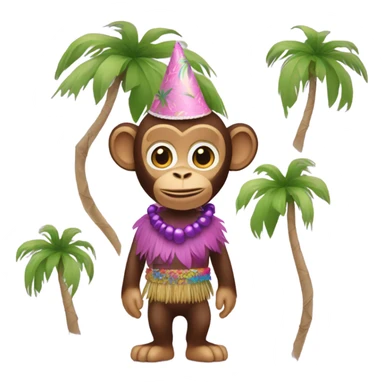 A monkey with a pink party hat and a purple BINKI top and a grass skirt sticker