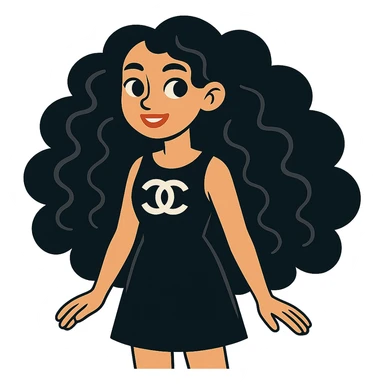 light skin girl with black very long curly hair, brown eyes, black Chanel dress, vibrant toon style sticker