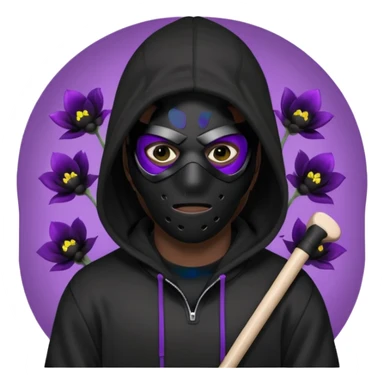 non human male cartoon character related to a shadow, all black skin, with all black clothes, focusing a black hoodie, and a black hockey mask covering his entire face, just his purple shadow eyes making a light bloom, no background sticker