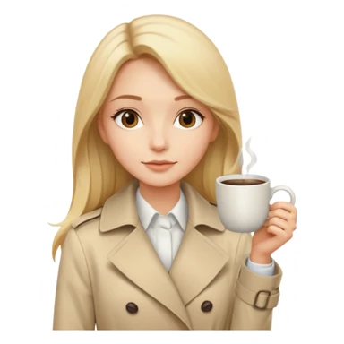 Cewe Kalem Kulit putih halus, rambut blonde panjang lurus rapi, belah samping. Pakai trench beige terang atau cream soff pegang kopi sticker