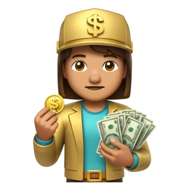3D emoji, minecraft inspired character made of glossy plastic, holding money and gold coins, cinematic lighting, soft reflections, ultra detailed, centered, clean background, high resolution sticker