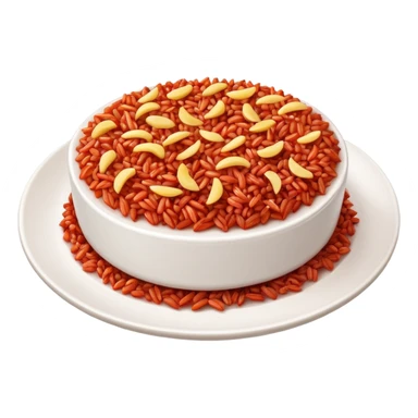 a white plate with red rice topping, one bite missing from the side sticker