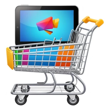 shopping cart with a graphics card, wireless mouse, and digital camera emoji sticker