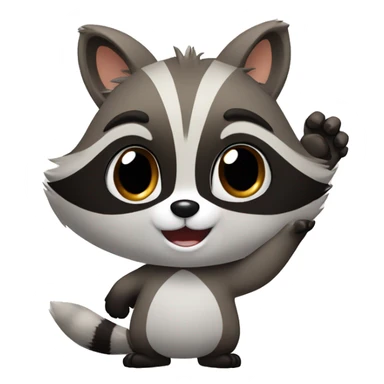 A cute fluffy raccoon waves his paw and greets sticker