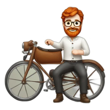 Red smooth haired man with beard and glasses hand stitching a saddle sticker