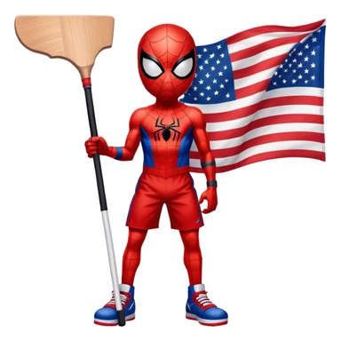 Spider-Man with an American flag holding a hockey stick in basketball sticker