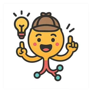 Remove the hair from the neuron and give it a detective hat. Make the neuron look excited as if it just found the answer. Use a colorful outlined icon style with a transparent background. sticker