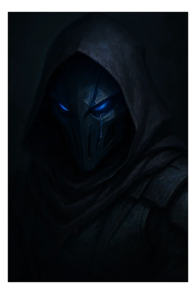 Sad Omen from Valorant, close-up, single tear, moody atmosphere, game-accurate design sticker