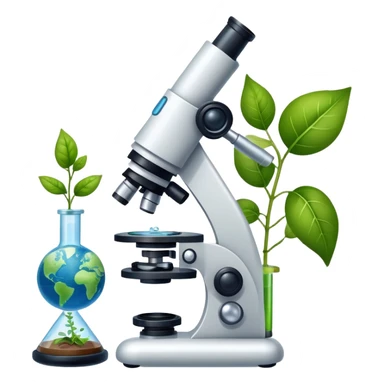 An icon featuring a microscope, a DNA strand, and plant leaves, symbolizing biology. The design includes cells, a test tube with a plant sample, and a globe, representing life sciences, ecosystems, and the study of organisms. Transparent background highlights the exploration of living systems. sticker