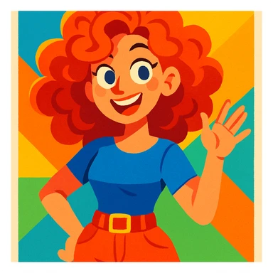 curly red-haired woman, vibrant cartoon style, bright and lively colors sticker