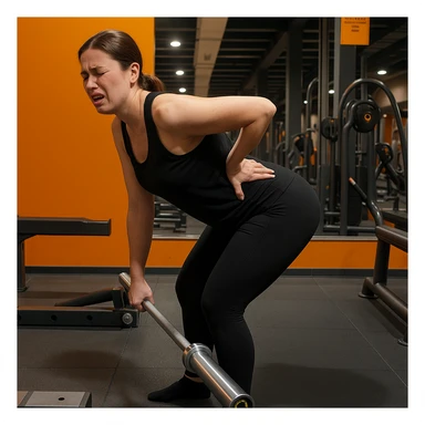 Edit the image of a less muscular woman performing a Romanian Deadlift (RDL) in a gym, side pose, wearing black sportswear, holding a barbell, with a strong back pain expression, one hand on the lower back, hyperrealistic 4K details, realistic gym environment. Variant 1. sticker