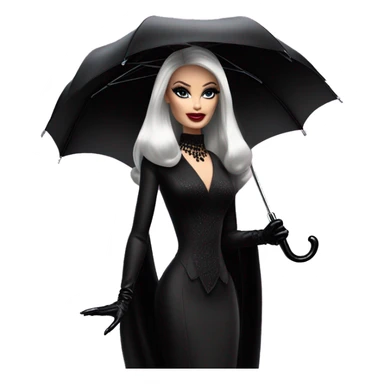Stunning in the Spotlight Barbie, teen Morticia Addams,showing off, show full body,accessories  gloves funeral veil, umbrella  sticker