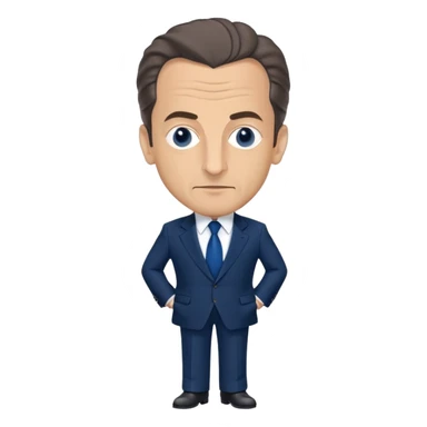 figure of Nicolas Sarkozy with an oversized head and small body, standing, wearing a navy suit and blue tie, highly recognizable face, simplified details sticker