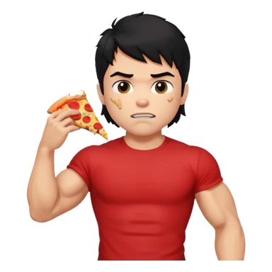 generate a pretty fair bratz boy with a messy mullet (black hair), wearing a red tshirt. eating pizza. He has big biceps and ripped sticker