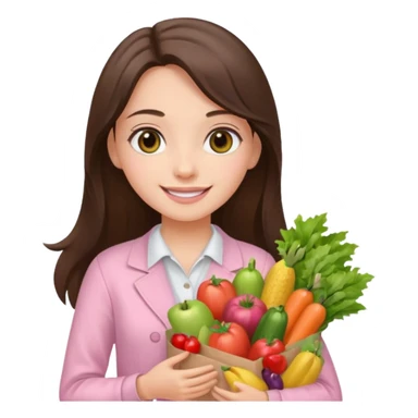 pretty smiling long brunette hair girl hazel eyes wearing light pink clothes holding groceries sticker