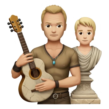 Cinematic realistic ultra HD - Musician Sting stands in front of an antique stone sculpture sticker