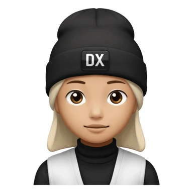 wearing a white beanie with an black square logo with the word "DX" written on it.

 sticker