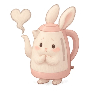 shy soft fluffy bunny electric kettle, steam heart, pastel white and pink, full-body sticker