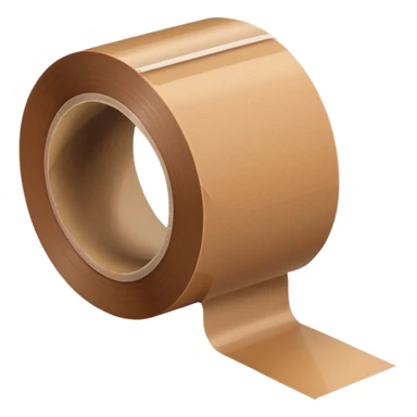 wide roll of brown packing tape with glossy semi-transparent surface and thick cardboard core, one end slightly peeled back, angled for depth, no box or dispenser, apple emoji style, soft lighting, subtle shadows, emoji scale sticker