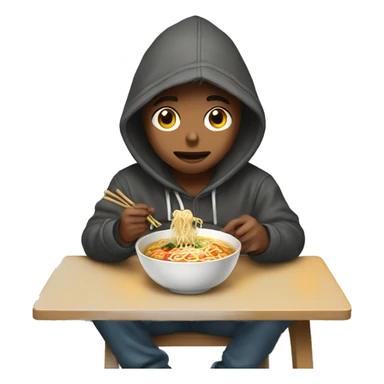 A boy wearing a hoodie sitting on a chair eating ramen sticker