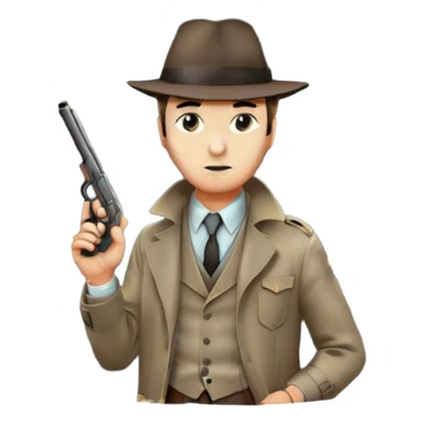 Icon for Detective Movie: A vintage movie poster-style design featuring a close-up of a detective with a gun on a dark London street under the full moon. The scene includes faint traces of blood on the asphalt, hinting at a murder. Retro cinematic typography. Transparent background. sticker