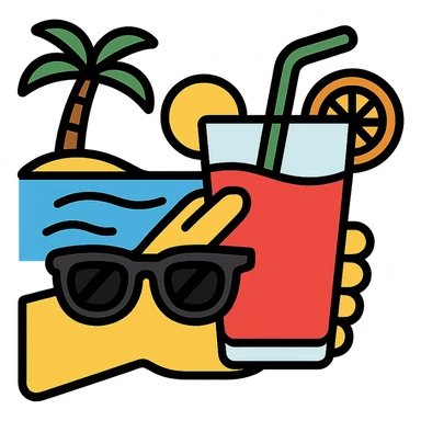 a hand with sunglasses holding a glass of fruit juice, beach background icon sticker