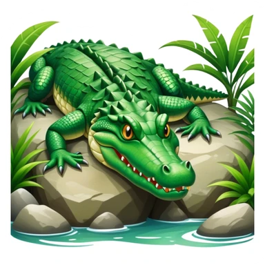 Crocodile resting, surrounded by rocks, water, and tropical plants. The green scales of the crocodile glisten under the light, with its sharp eyes focused ahead. The background features a naturalistic habitat with plants and water, giving it a lifelike feel. sticker