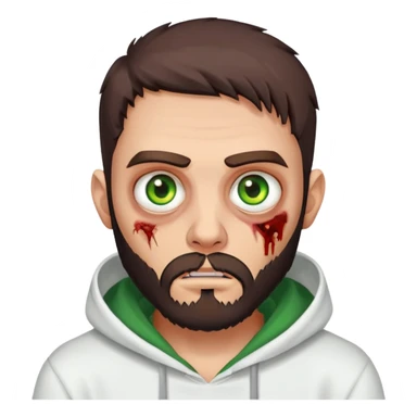 zombie making peace sign, undercut hairstyle with dark brown hair, short full beard, heterochromia with one green eye and one brown eye, wearing plain white hoodie sticker
