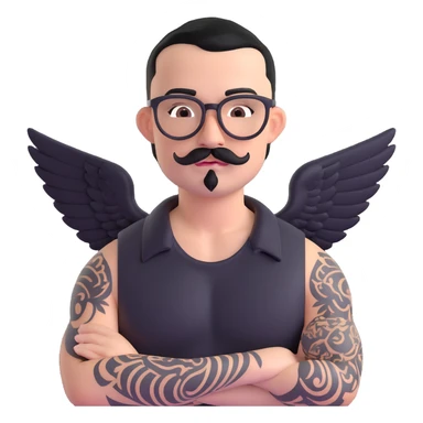 pumped up white male, glasses, buzz cut black hair, handlebar mustache black, two wings tattooed on his chest sticker