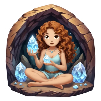 full body woman long curly brown hair brown eyes white skin tattoos sitting inside crystal cave opening, touching glowing quartz sticker