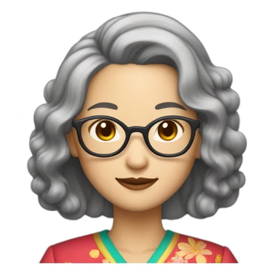 Chinese lady with like Lai gray hair wavy hair to the shoulder length where Chinese dress colourful dress wear glasses sticker