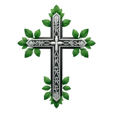 a black and white detailed cross with leaves over the top sticker