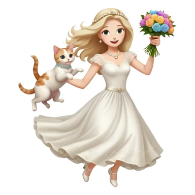 White woman - long hair - white wedding dress - holding a kitten - happy - jumping - fashionable - elegant - bouquet - dreamy - colorful - pearl accessories sticker