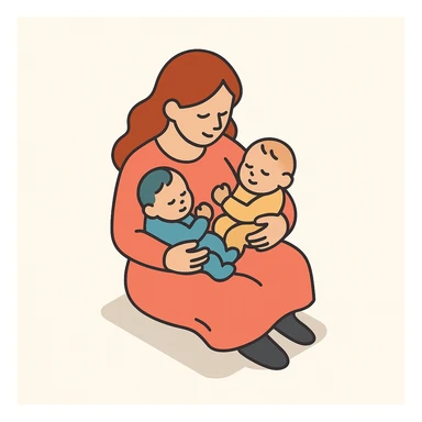 a mother sitting and holding two babies in her arms, warm and loving, 2D isometric illustration style sticker