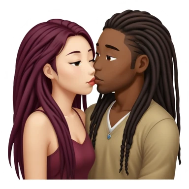 Dark Wine colored hair asian long hair, kissing young black guy with dreads sticker