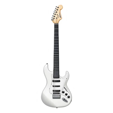 White electric guitar with sleek shiny body, black strings, and smooth neck sticker