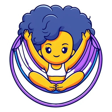 cartoon emoji of a bold girl with big hair, strong outline, expressive face, vibrant accents, subtle Leo accent, glamorous look, hint of yoga hammock, cosmic motifs, cheeky and confident sticker