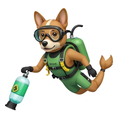 dog wearing scuba green gear dive into the sea with diver mask and oxygen tank sticker