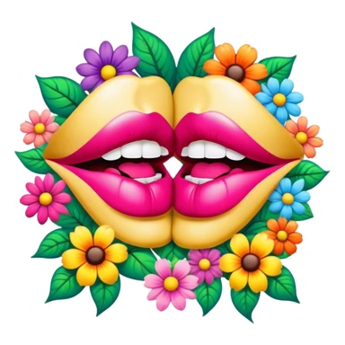 psychedelic colored pair of lips surrounded by hippie style flowers sticker